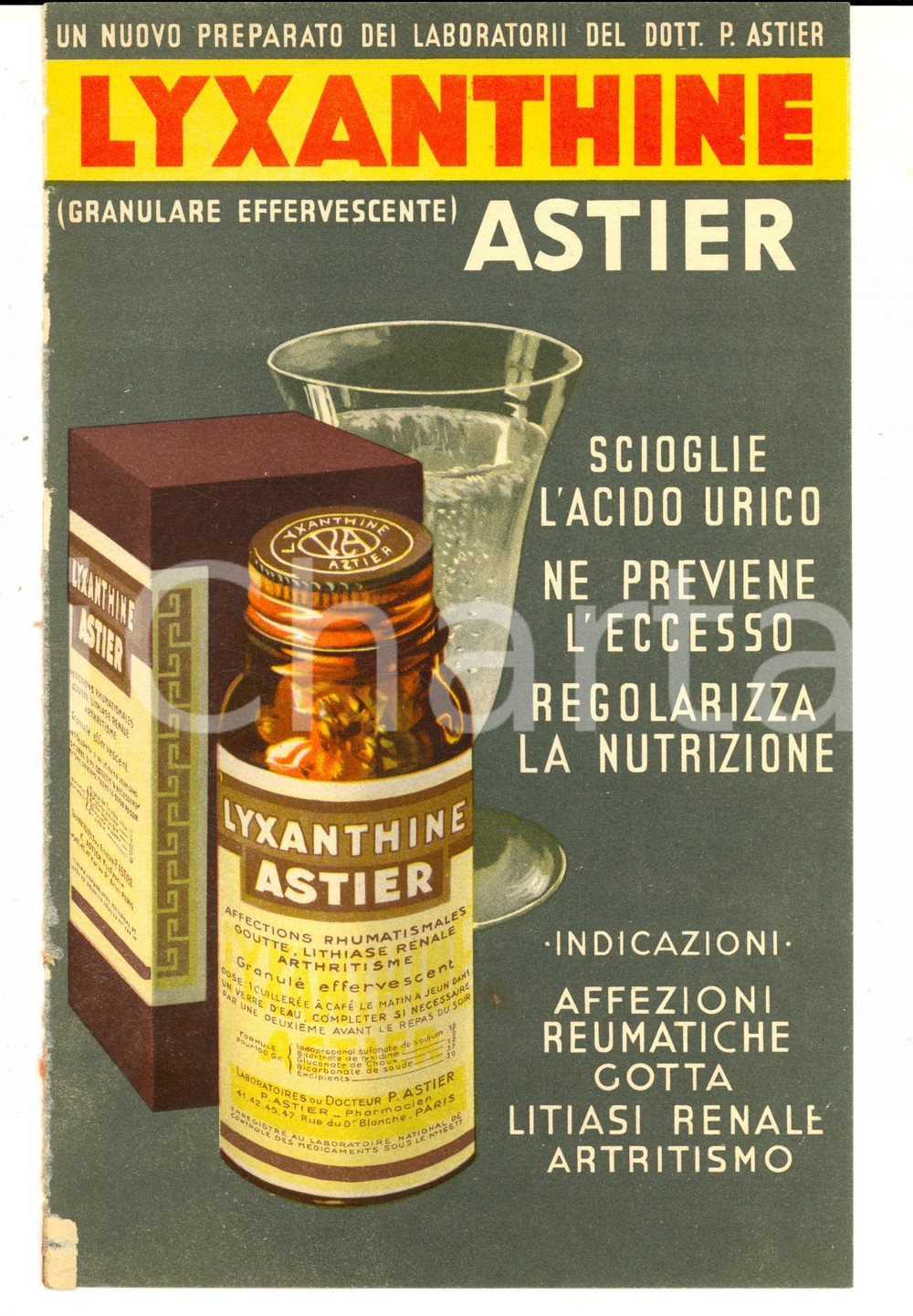 Materiale pubblicitario d’epoca 1950 ca FARMACEUTICA ASTIER LYXANTHINE per acido urico Volantino pubblicitario 1