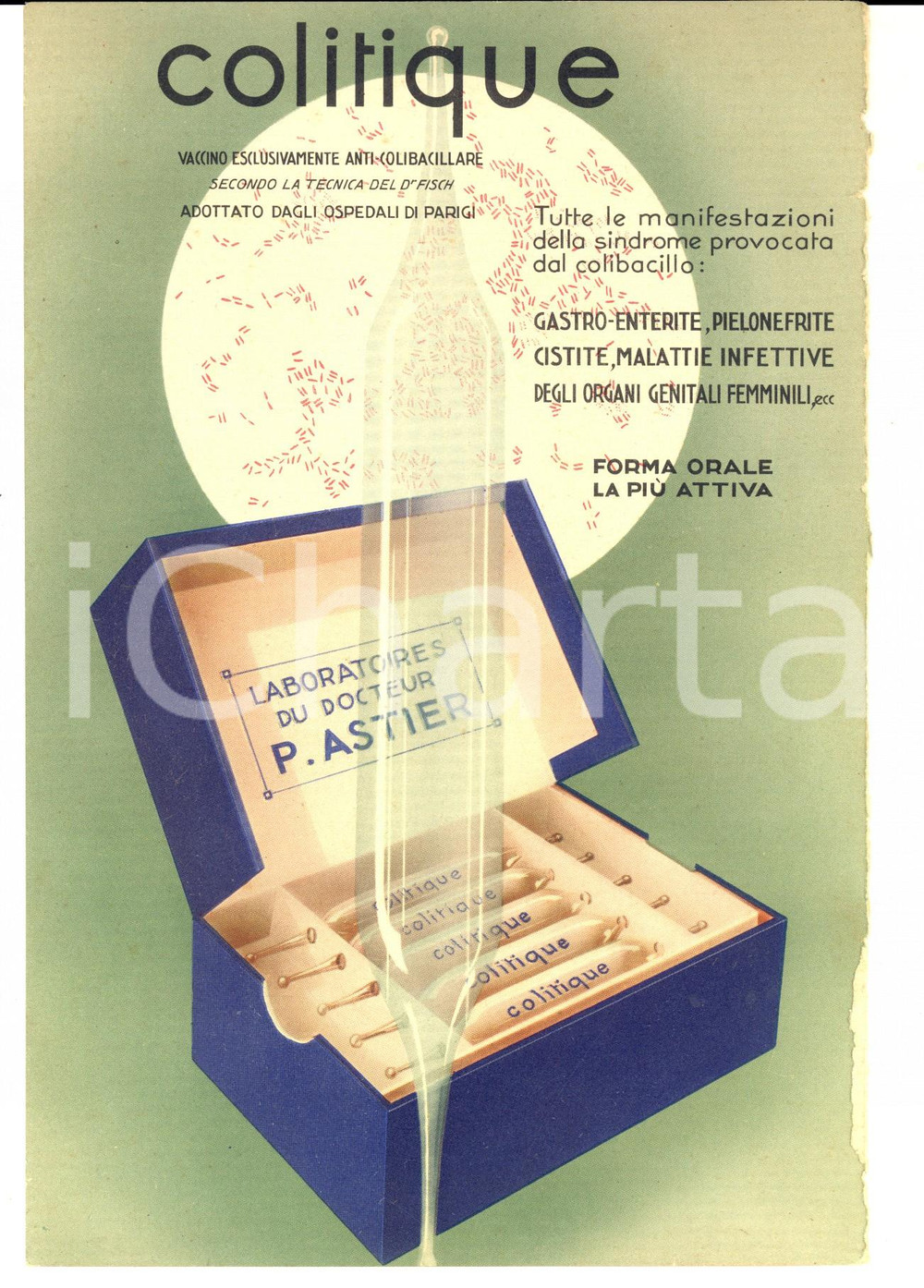 Materiale pubblicitario d’epoca 1940 ca FARMACEUTICA ASTIER Vaccino COLITIQUE Volantino pubblicitario 1