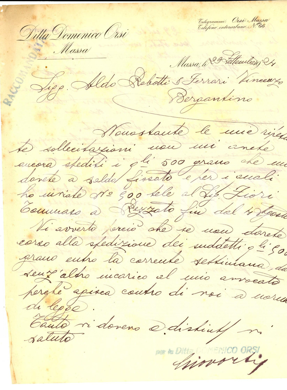 Manoscritto, lettera originale 1924 MASSA Ditta Domenico ORSI  Lettera per sollecito spedizione di grano 1