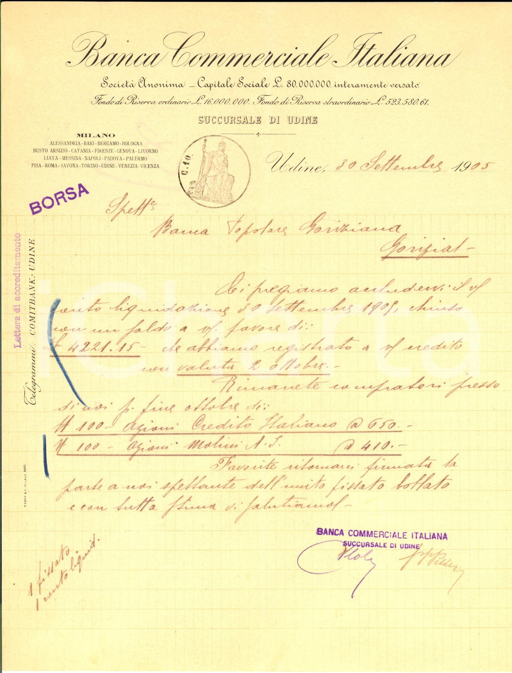 Documento originale, autentico 1905 UDINE Banca COMMERCIALE ITALIANA Lettera per conto liquidazione azioni 1