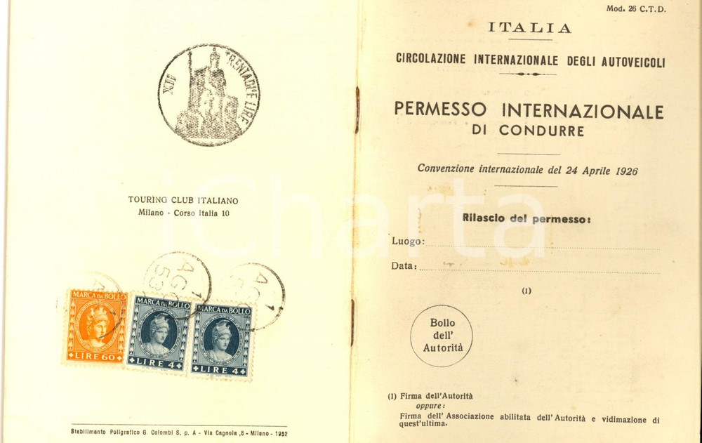 Documento originale, autentico 1953 ITALIA Permesso internazionale di condurre Libretto NON COMPILATO bolli 1