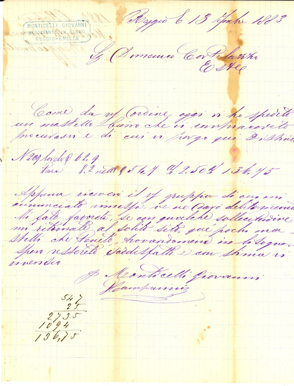 Documento originale, autentico 1883 REGGIO EMILIA Giovanni MONTICELLI su spedizione mastello di burro Lettera 1