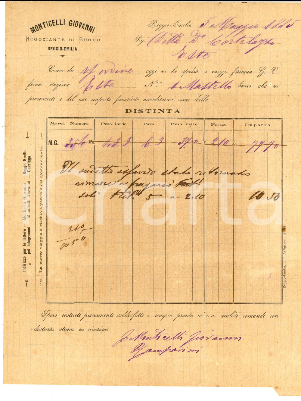 Documento originale, autentico 1885 REGGIO EMILIA Giovanni MONTICELLI negoziante di burro  Distinta 1