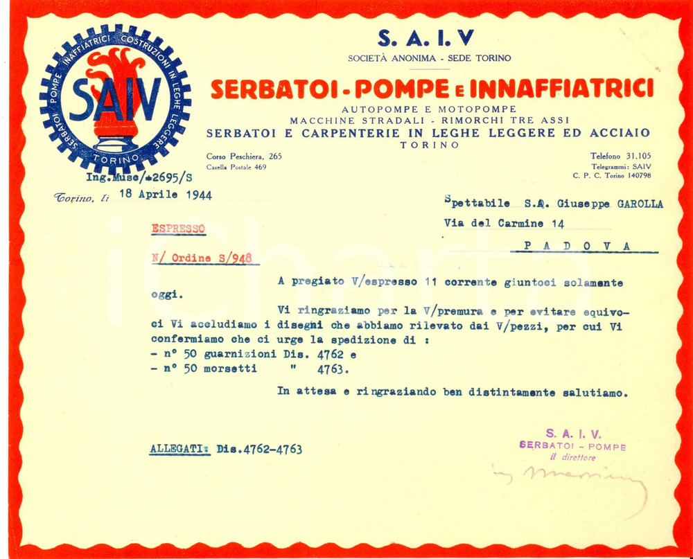 Documento originale, autentico 1944 TORINO Ditta S.A.I.V. Serbatoi e pompe  ordine guarnizioni e morsetti 1