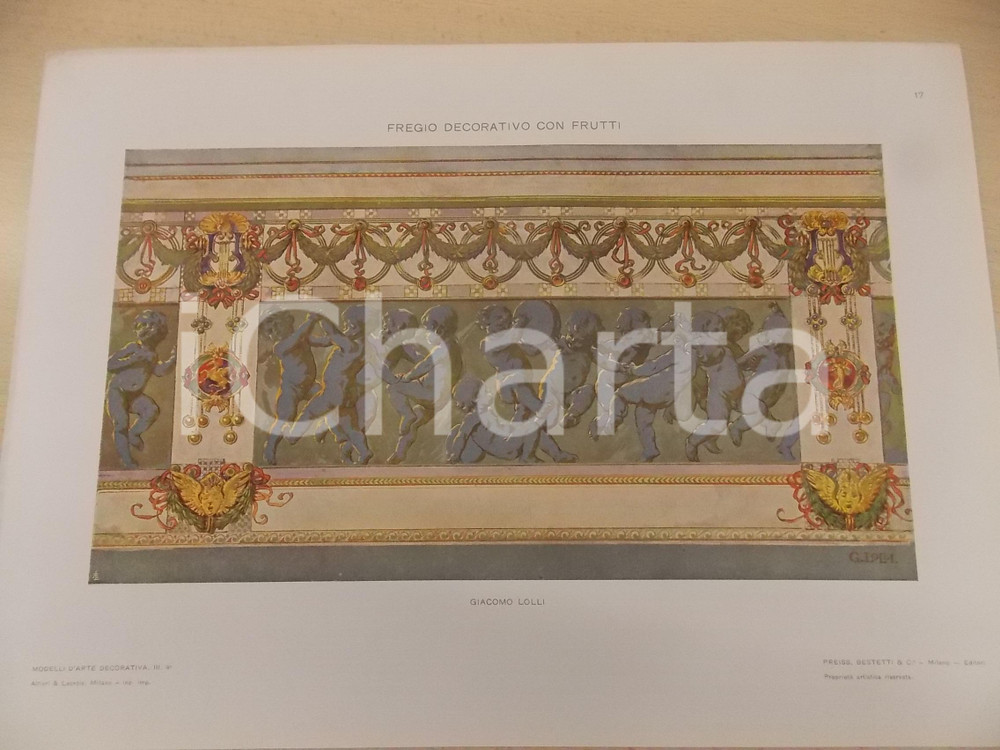Stampa, bozzetto originale 1910 ca ARTE DECORATIVA Giacomo LOLLI Fregio decorativo con frutti Tavola 25x35 1