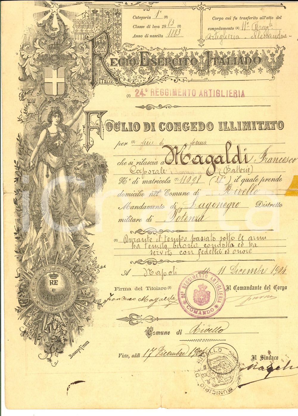 Documento originale, autentico 1904 LAGONEGRO Congedo illimitato Francesco MAGALDI 24Â° Reggimento Artiglieria 1