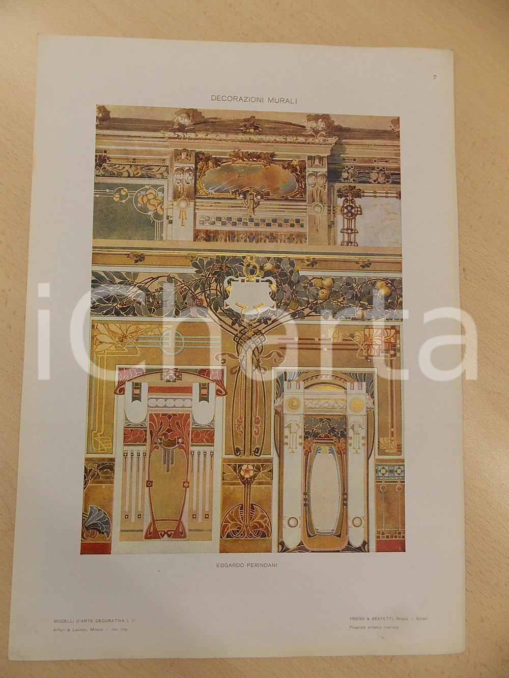 Stampa, bozzetto originale 1910 ca ARTE DECORATIVA Edgardo PERINDANI Decorazioni murali Tavola 25x35 1