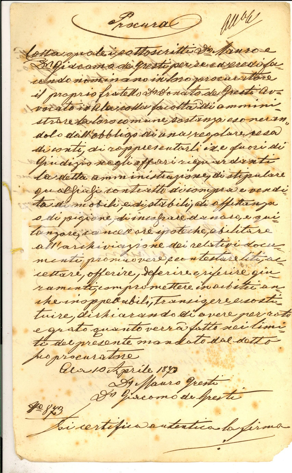 Documento originale, autentico 1873 ALA TN Procura don Mauro e don Giacomo DE GRESTI al fratello don Donato 1