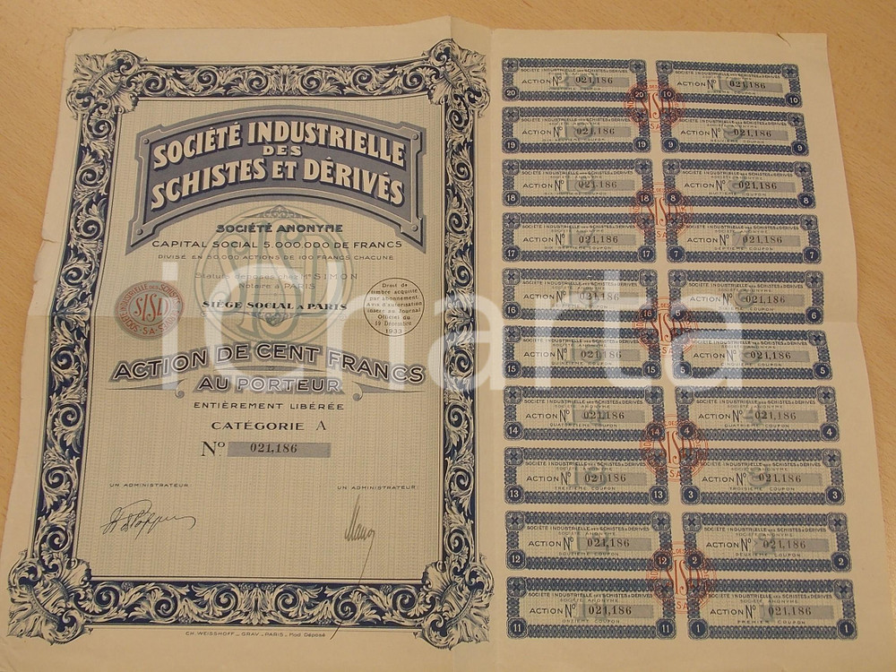 Oggetto da collezione cartaceo 1933 PARIS SociÃ©tÃ© Industrielle des Schistes Certificato azionario cedole 1