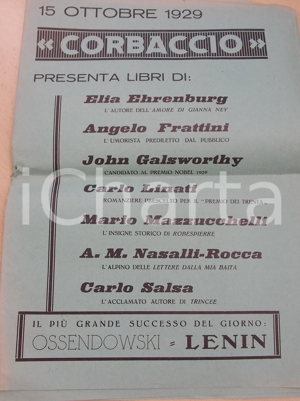 Materiale pubblicitario d’epoca 1929 MILANO Casa editrice CORBACCIO NovitÃ  di ottobre Pubblicitario 25x35 1