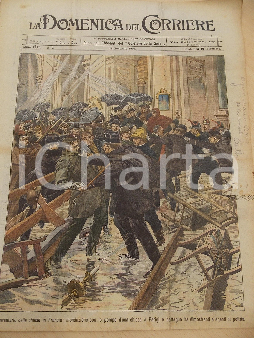 Giornale, rivista storica 1906 DOMENICA DEL CORRIERE Inondazione di una chiesa a Parigi  Rubini a MOGOK 1