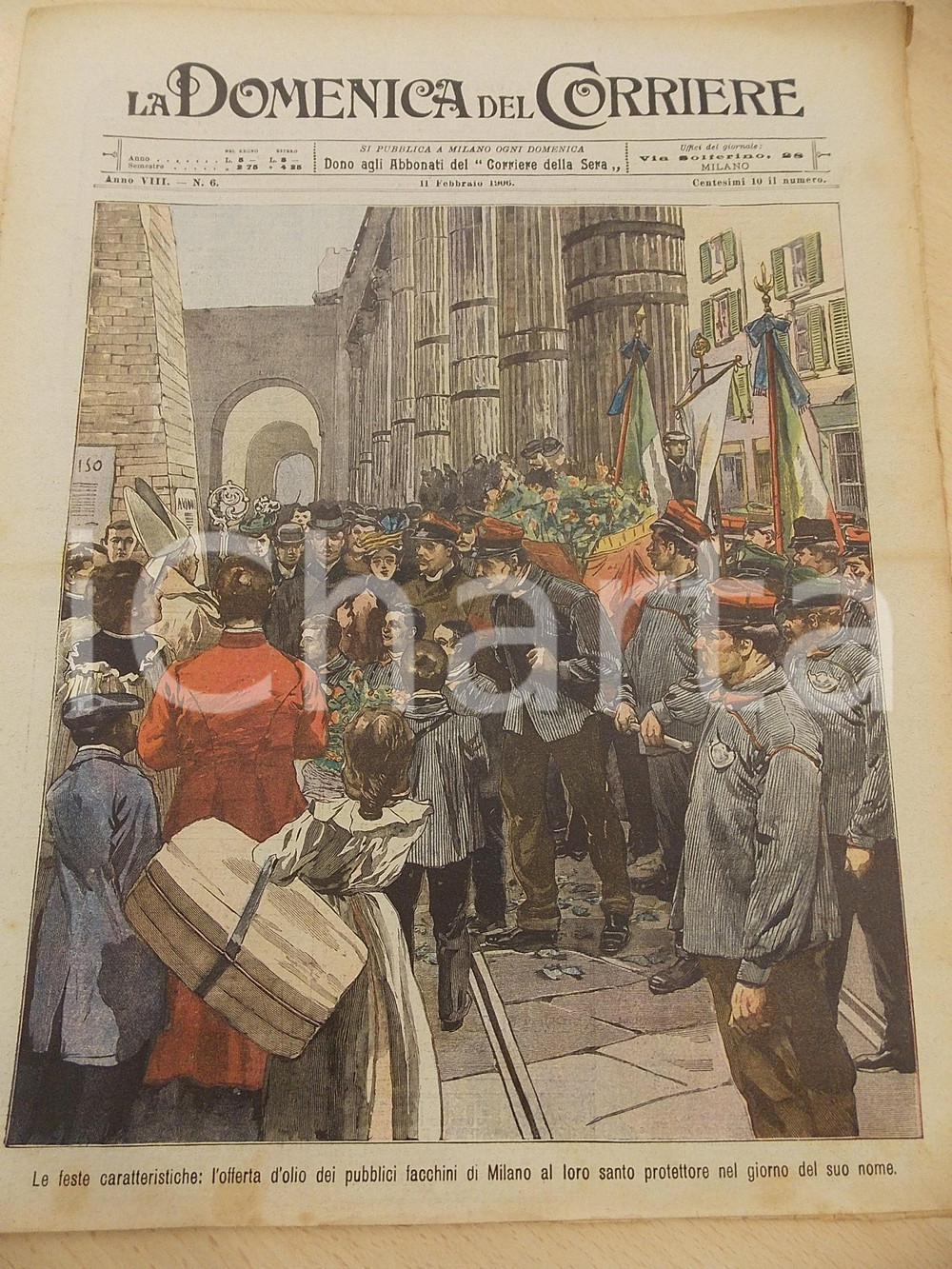 Giornale, rivista storica 1906 DOMENICA DEL CORRIERE Olio dai facchini di Milano  Regina a Grottaferrata 1