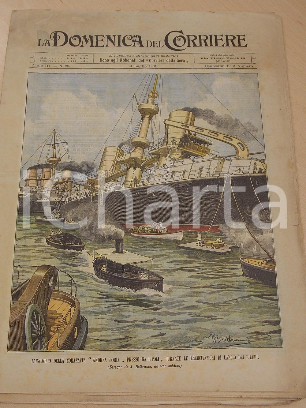 Giornale, rivista storica 1901 DOMENICA DEL CORRIERE Incaglio dell ANDREA DORIA a Gallipoli  TROUBETZKOY 1