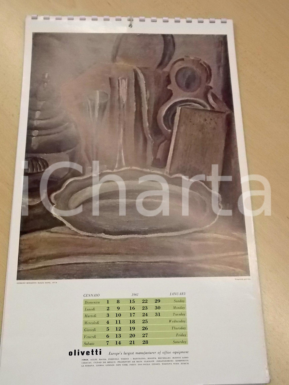 Oggetto da collezione cartaceo 1961 IVREA Ditta OLIVETTI Calendario pittori  Giorgio MORANDI ILLUSTRATO 25x40 1