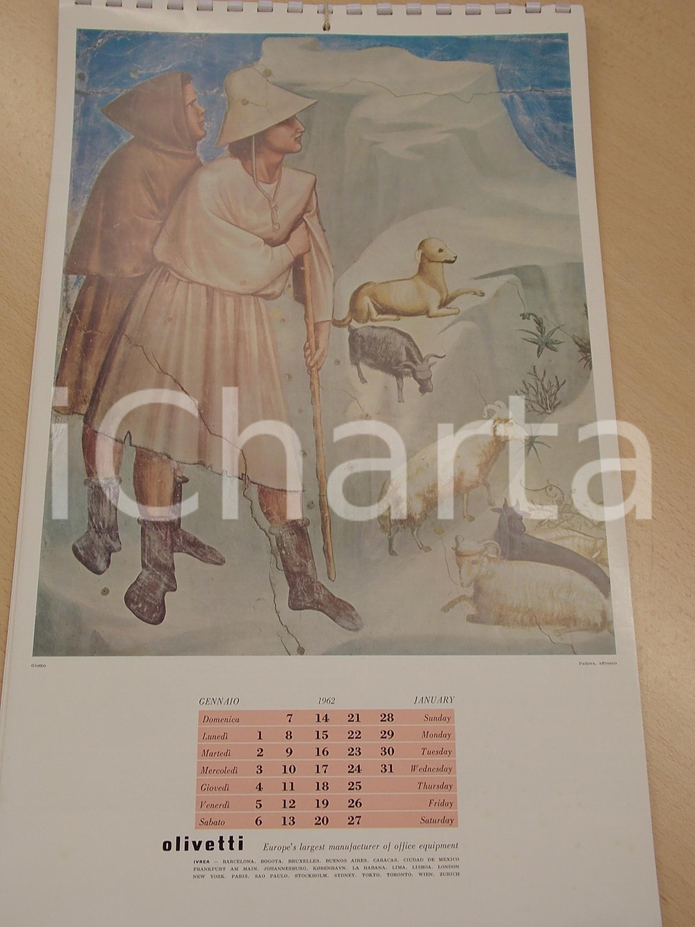 Oggetto da collezione cartaceo 1962 IVREA Ditta OLIVETTI Calendario pittori  GIOTTO ILLUSTRATO 25x40 1