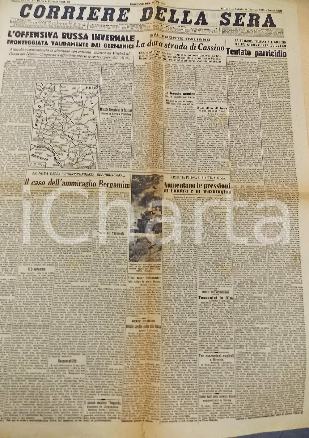 Giornale, rivista storica 1944 WW2 CORRIERE DELLA SERA Il caso dell ammiraglio Carlo BERGAMINI Giornale 1
