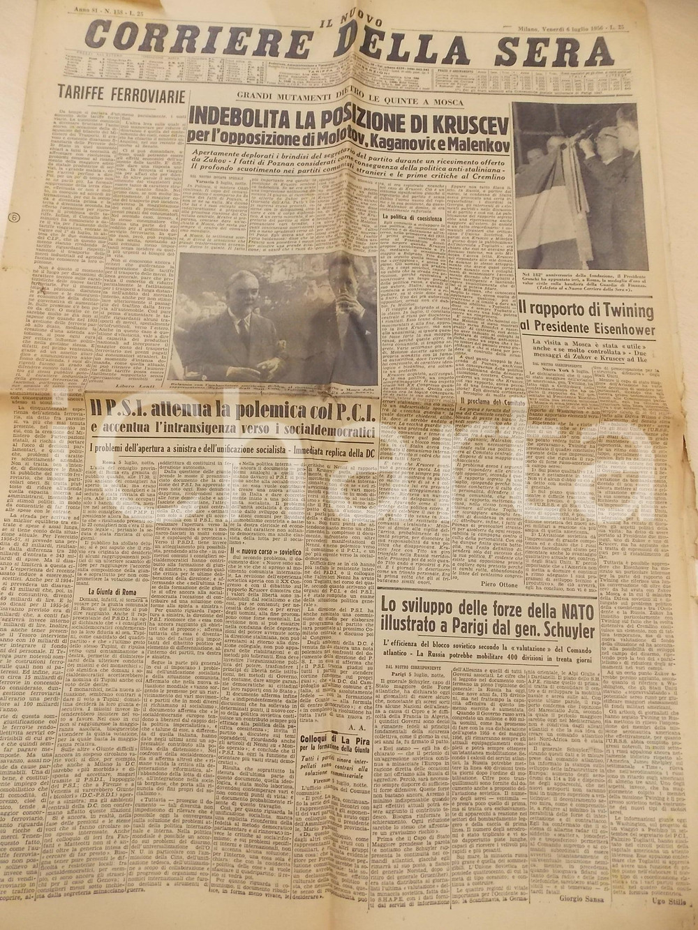 Giornale, rivista storica 1956 CORRIERE DELLA SERA  Indebolita la posizione di KRUSCEV Giornale 1