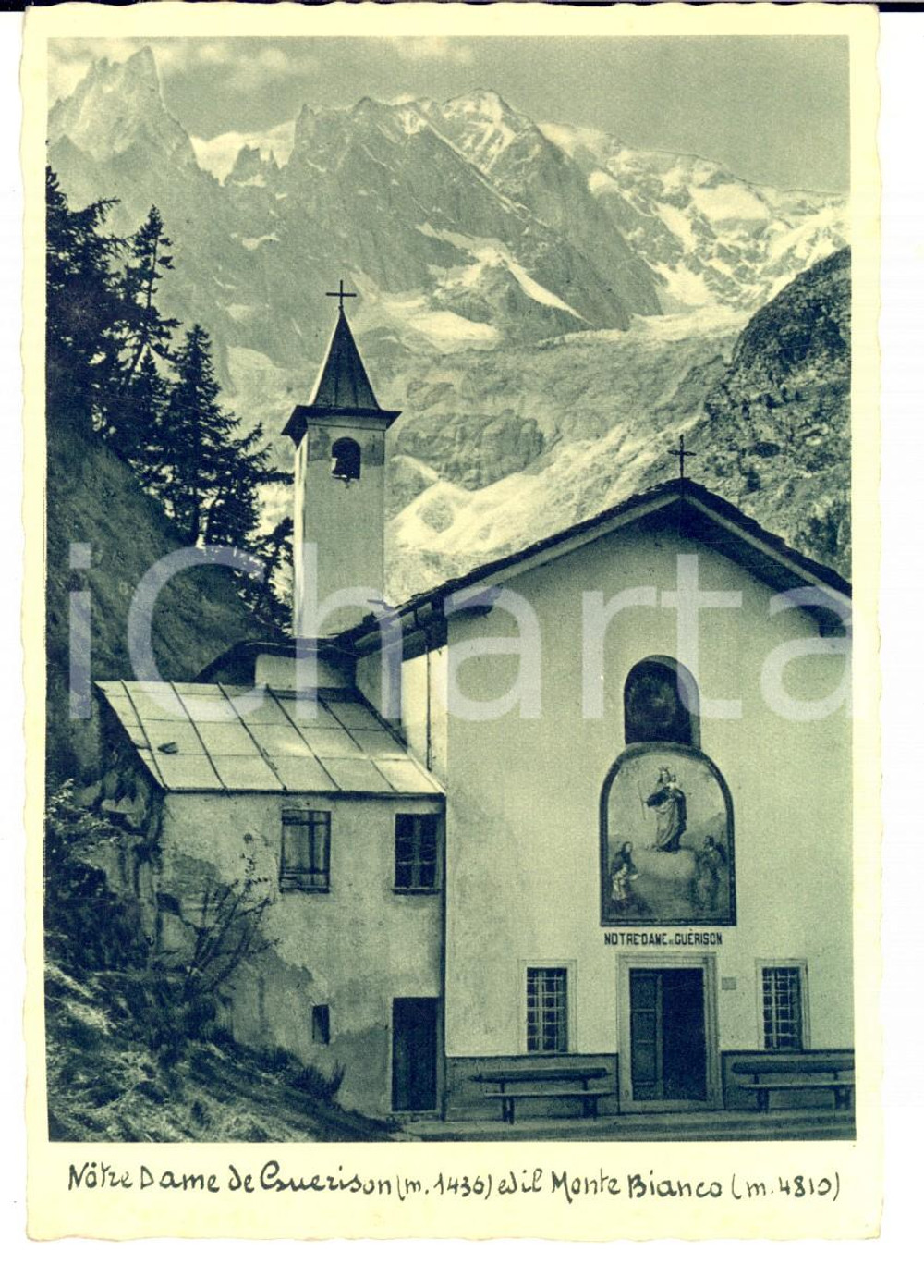 Cartolina originale da collezione 1940 ca COURMAYEUR AO Santuario NOTRE DAME DE LA GUERISON e Monte BIANCO FG NV 1
