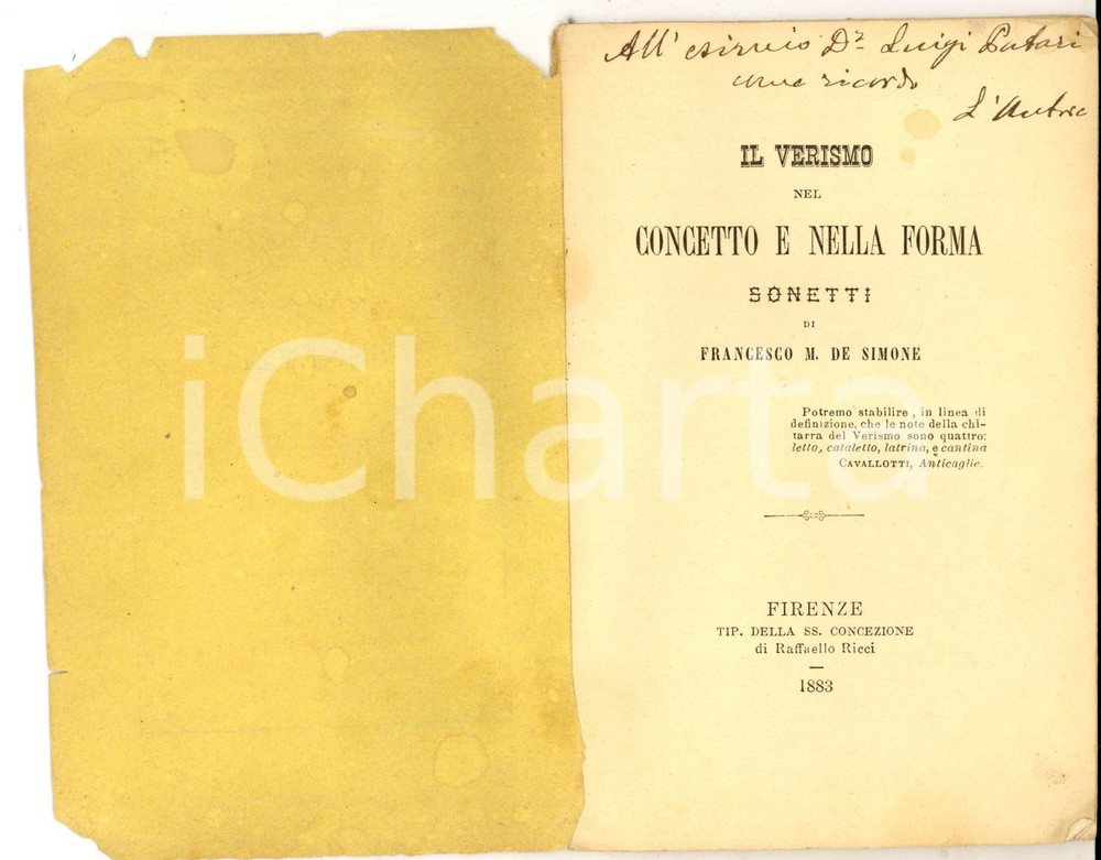 Libro, pubblicazione d epoca 1883 FIRENZE Francesco M. DE SIMONE Sonetti Ed. RICCI AUTOGRAFO 1