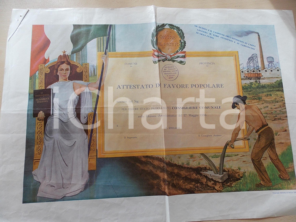 Documento originale, autentico 1956 MILANO Ditta A.U.R.A. Facsimile attestato FAVORE POPOLARE ill. PULZATTO 1
