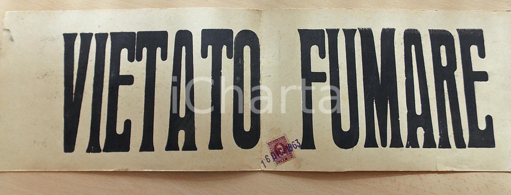 Materiale pubblicitario d’epoca 1963 VIETATO FUMARE  Insegna in cartoncino per pubblici esercizi VINTAGE bollo 1