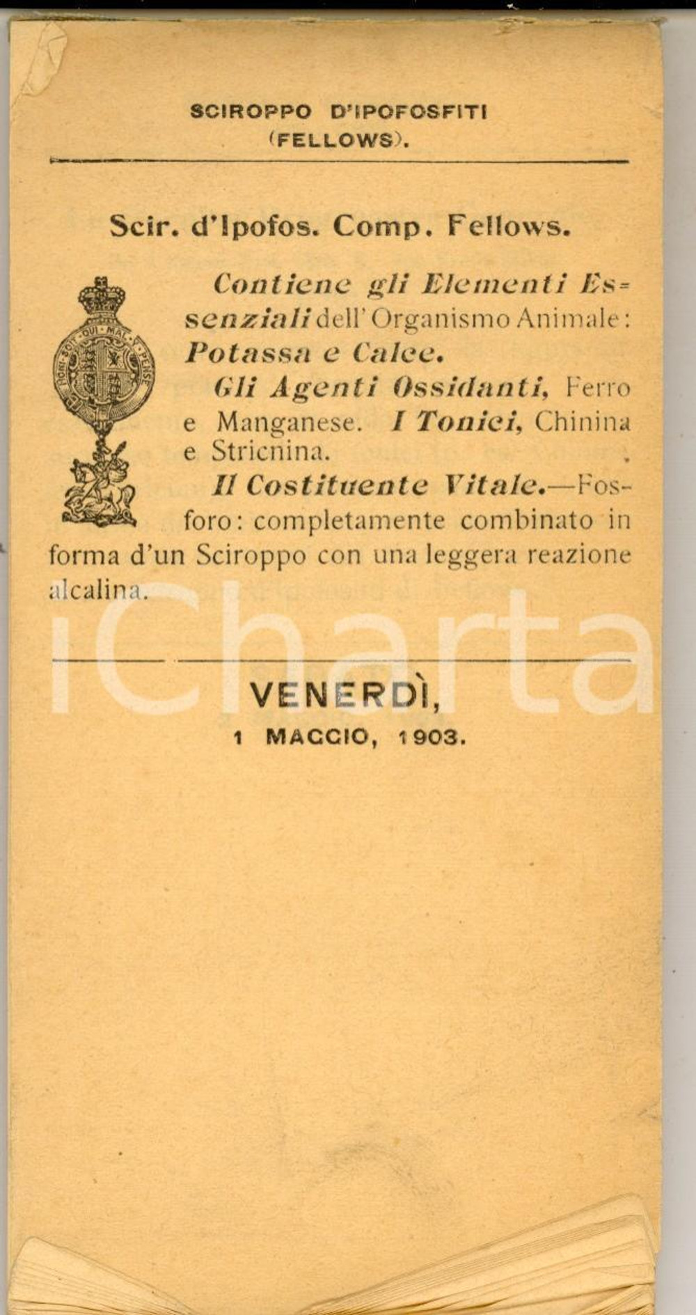 Materiale pubblicitario d’epoca 1903 Sciroppo ipofosfiti FELLOWS Blocco per appunti e calendario Pubblicitario 1