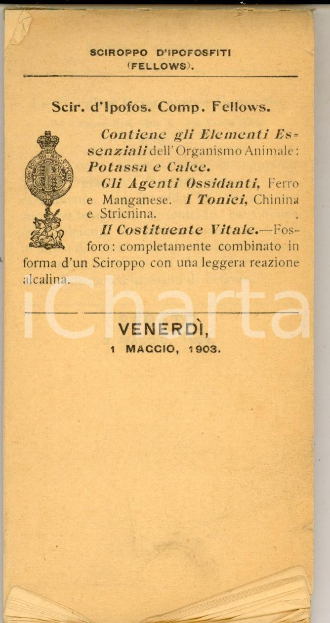 Materiale pubblicitario d’epoca 1903 Sciroppo ipofosfiti FELLOWS Blocco per appunti e calendario Pubblicitario 1
