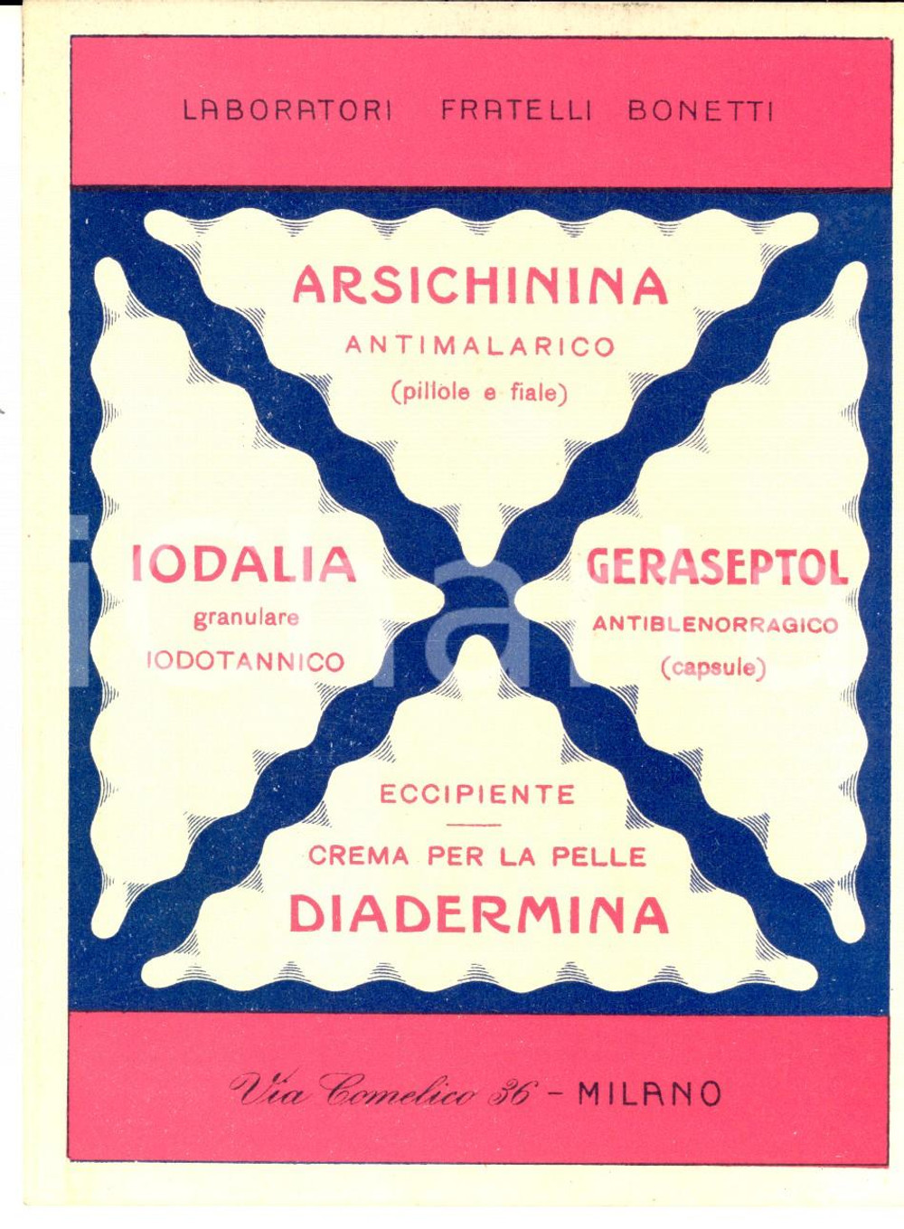 Materiale pubblicitario d’epoca 1930 MILANO Laboratori FRATELLI BONETTI  IODALIA Cartolina pubblicitaria 1