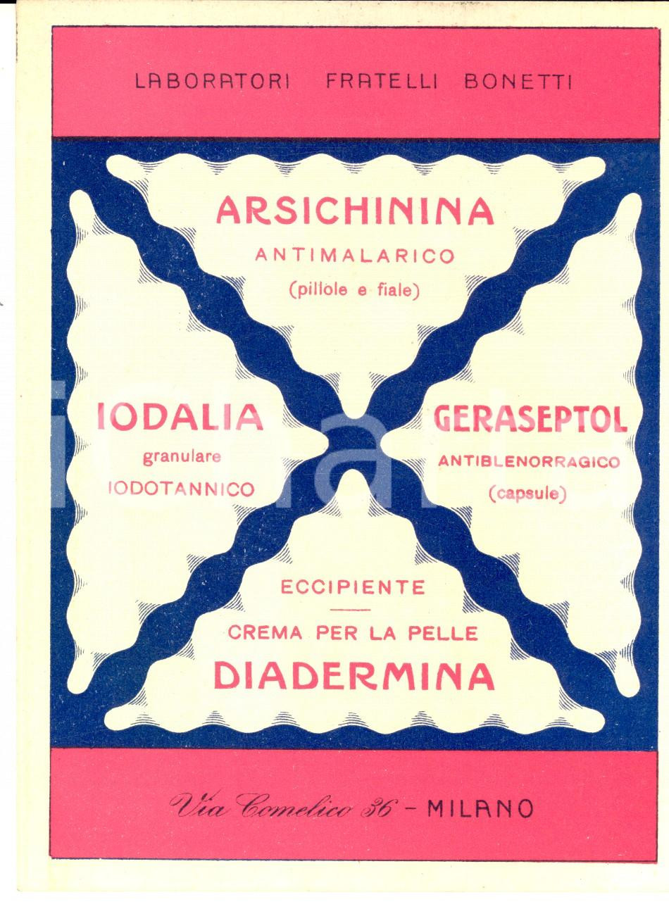 Materiale pubblicitario d’epoca 1930 MILANO Laboratori FRATELLI BONETTI  IODALIA Cartolina pubblicitaria 1