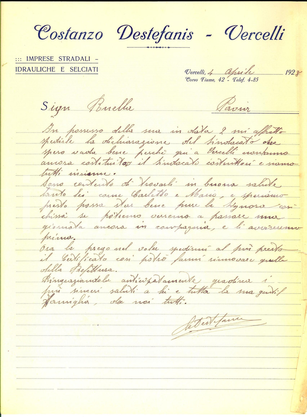 Documento originale, autentico 1928 VERCELLI Costanzo DESTEFANIS Imprese stradali  Lettera per certificato 1