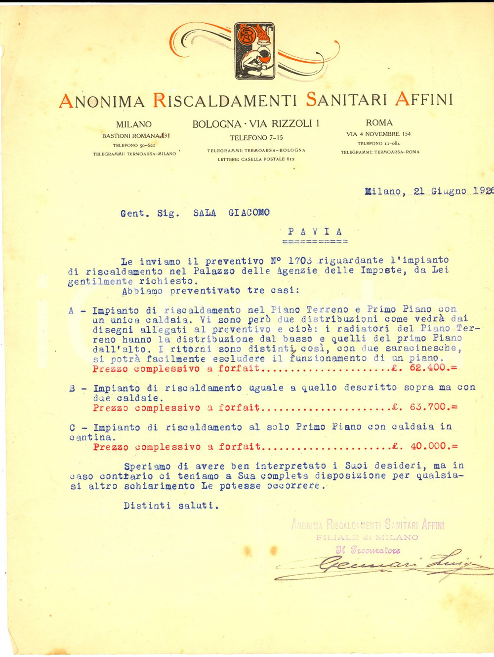 Documento originale, autentico 1926 MILANO Anonima Riscaldamenti Sanitari Affini  Preventivo per impianto 1