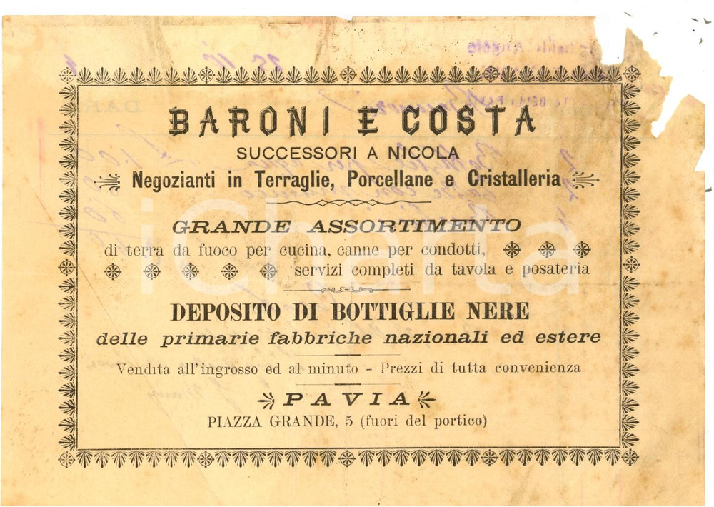 Materiale pubblicitario d’epoca 1904 PAVIA Ditta BARONI E COSTA Negozianti in terraglie Volantino DANNEGGIATO 1