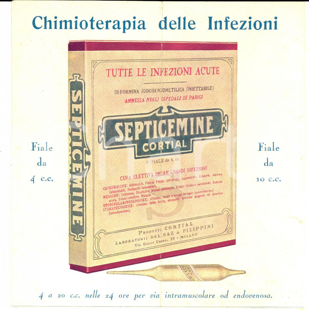 Materiale pubblicitario d’epoca 1940 ca MILANO Laboratori DEL SAZ E FILIPPINI Septicemine Cortial DANNEGGIATO 1