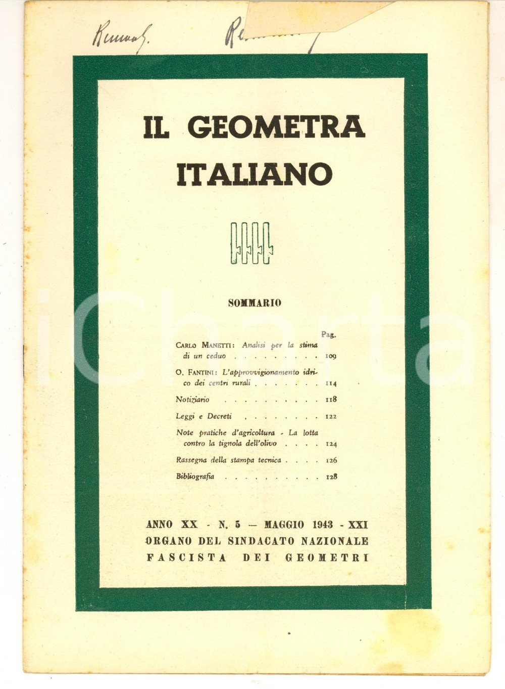Giornale, rivista storica 1943 IL GEOMETRA ITALIANO Approvvigionamento idrico centri rurali Anno XX nÂ°5 1