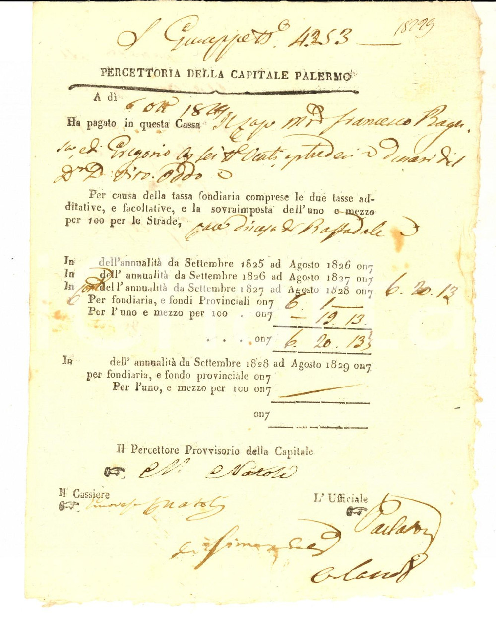 1829 PALERMO Percettoria della Capitale - Ricevuta imposta fondiaria barone ODDO