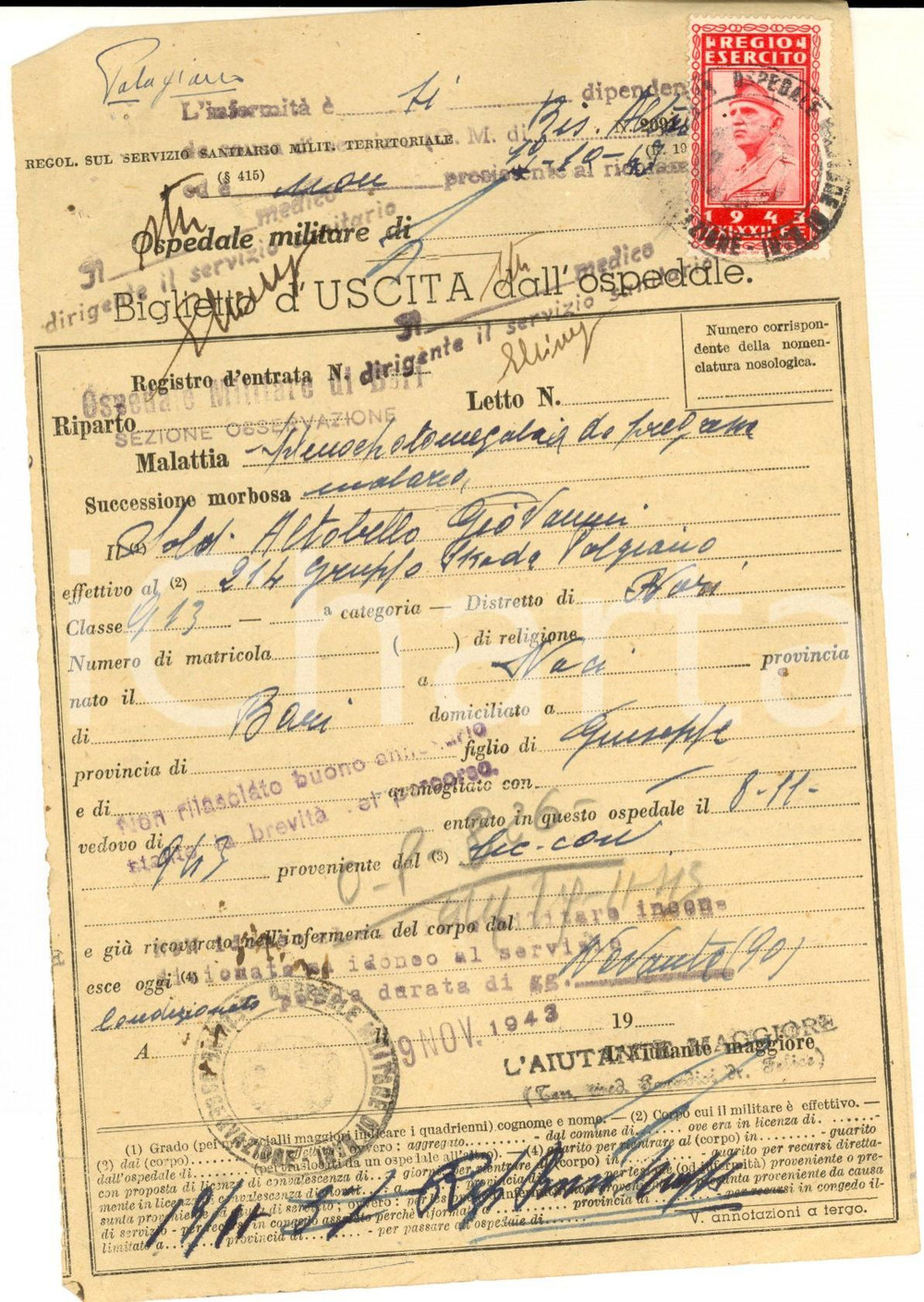 1943 WW2 Ospedale Militare BARI Biglietto d'uscita Giovanni ALTOBELLO - Bollo 