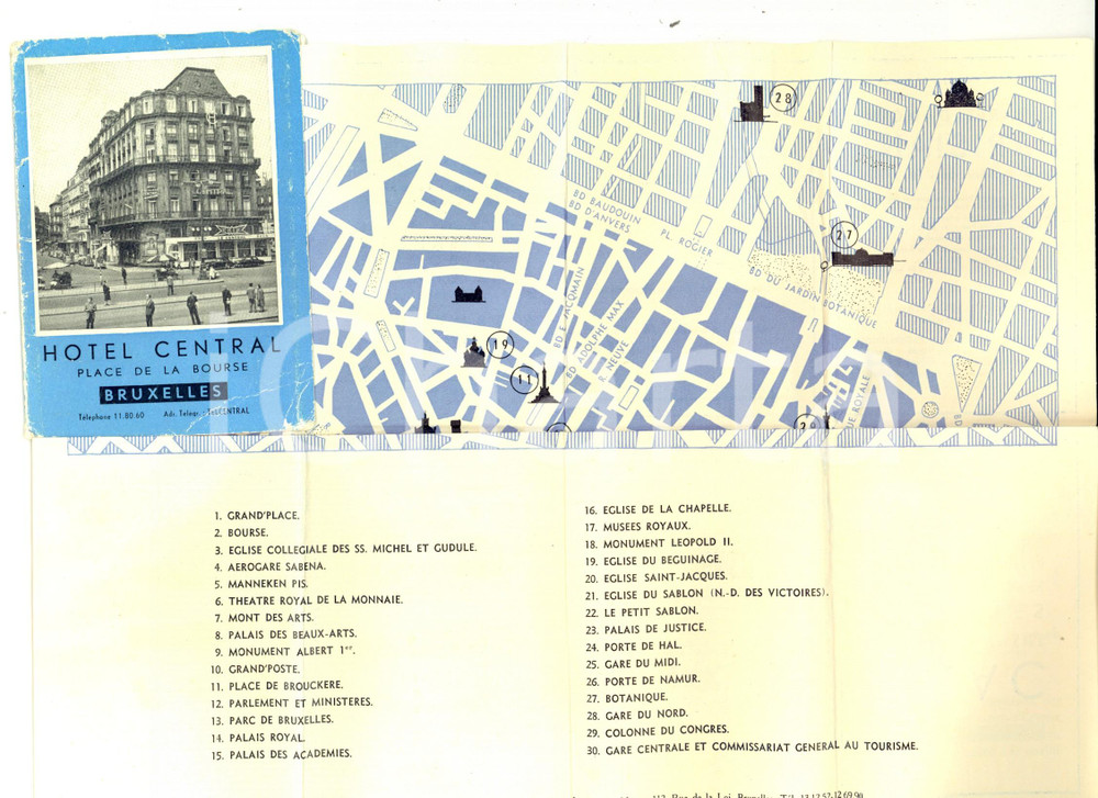 Materiale pubblicitario d’epoca 1950 ca BRUXELLES Hotel CENTRAL Pieghevole con mappa TURISMO VINTAGE 1