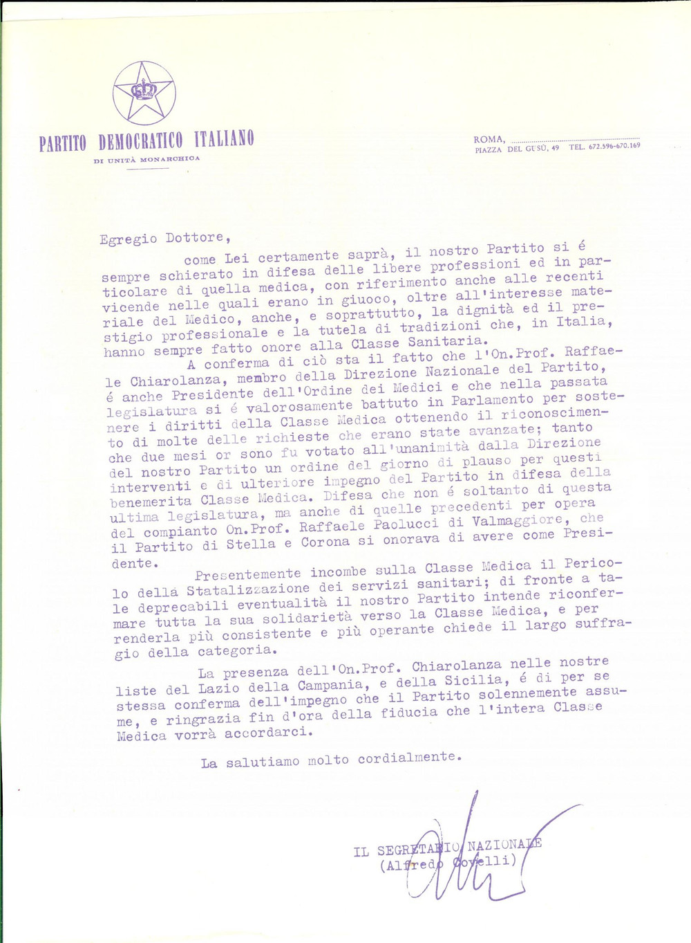 Materiale pubblicitario d’epoca 1960 ca PDIUM PARTITO UNITA  MONARCHICA Lettera pro Raffaele CHIAROLANZA 1