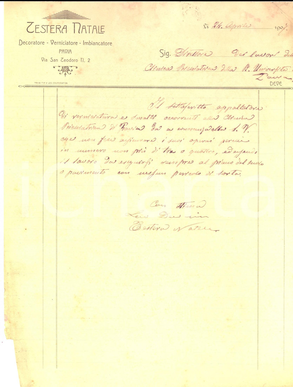 Manoscritto, lettera originale 1907 PAVIA Natale TESTERA Verniciatore e imbiancatore Lettera commerciale 1