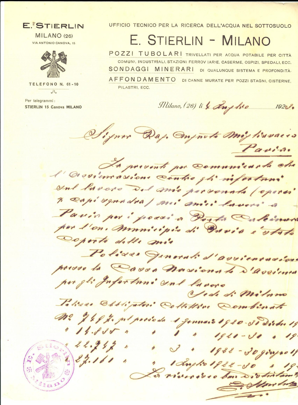 Manoscritto, lettera originale 1923 MILANO Ditta E. STIERLIN Pozzi tubolari e sondaggi minerari  Lettera 1