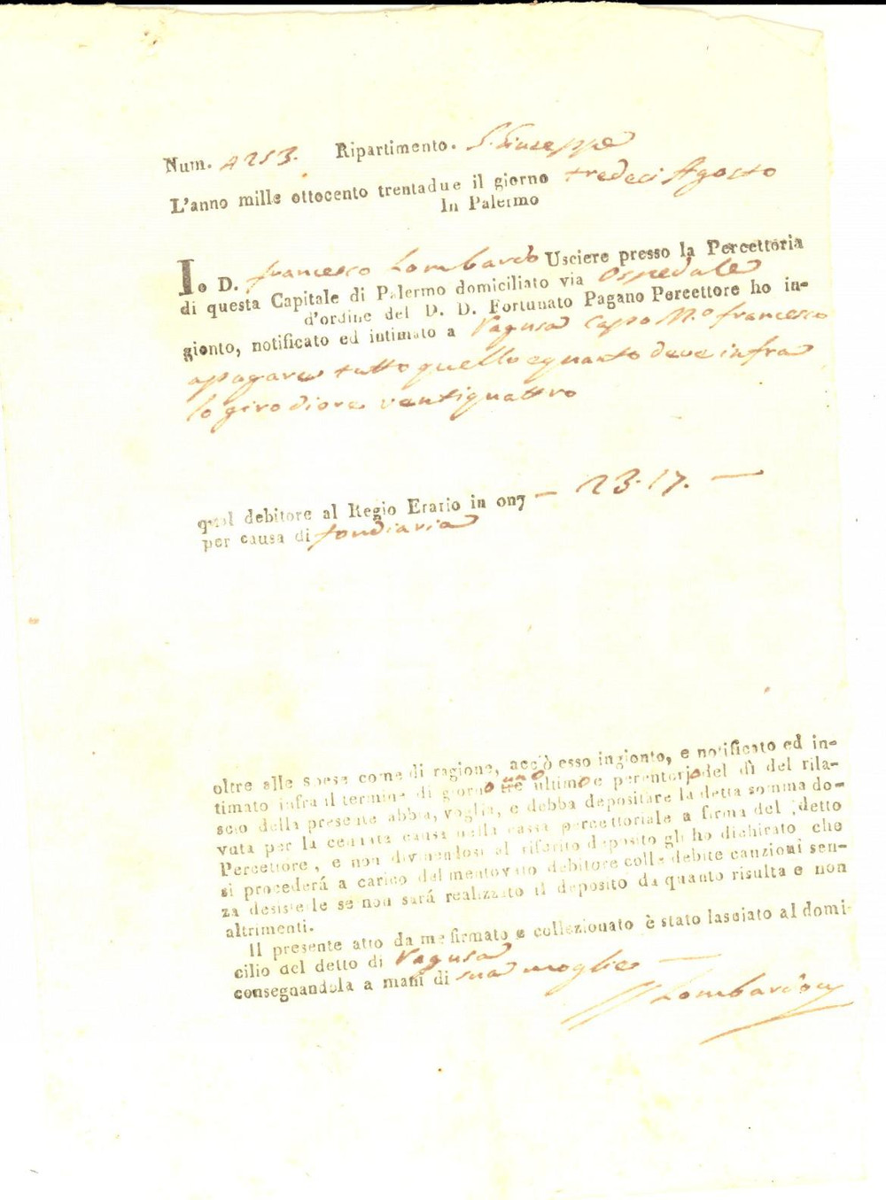 Documento originale, autentico 1832 PALERMO Intimazione pagamento al capomastro Francesco RAGUSA per fondiaria 1