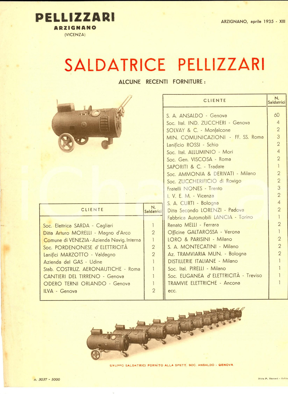 Materiale pubblicitario d’epoca 1935 ARZIGNANO VI Saldatrice PELLIZZARI  Forniture recenti Pubblicitario 1
