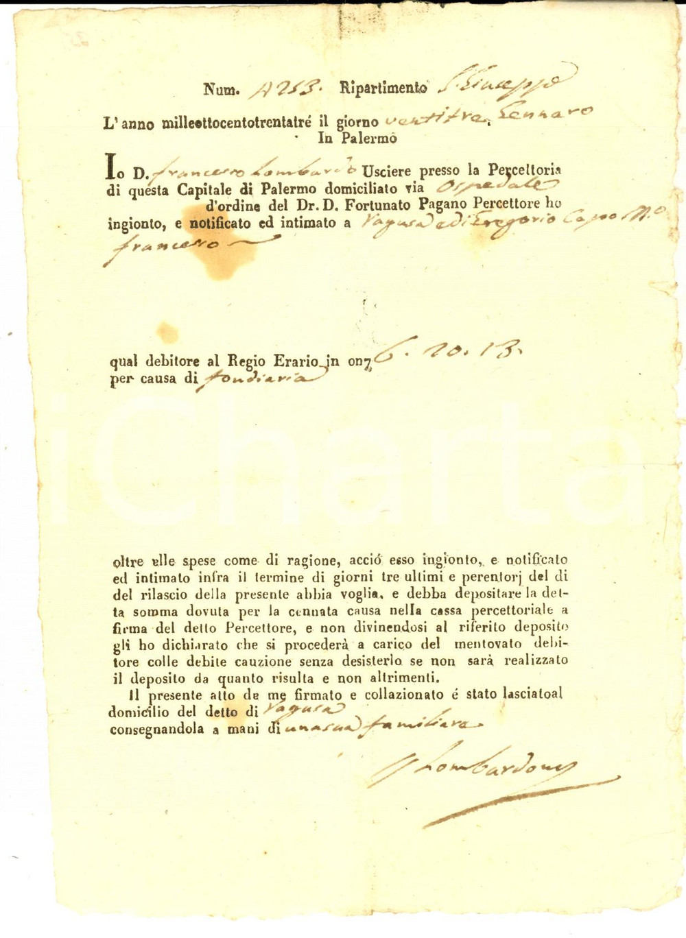 Documento originale, autentico 1833 PALERMO Intimazione pagamento al capomastro Francesco RAGUSA per fondiaria 1