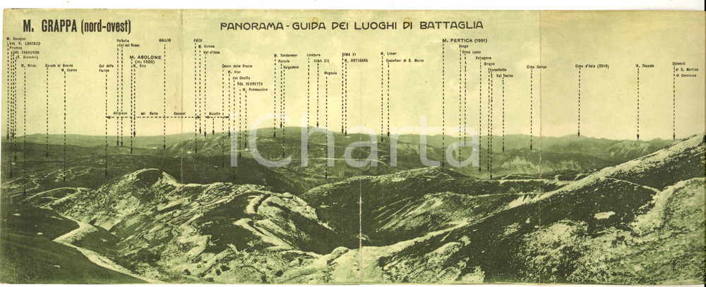 Cartolina originale da collezione 1920 ca MONTE GRAPPA Panorama dei luoghi di battaglia  Pieghevole a organino 1