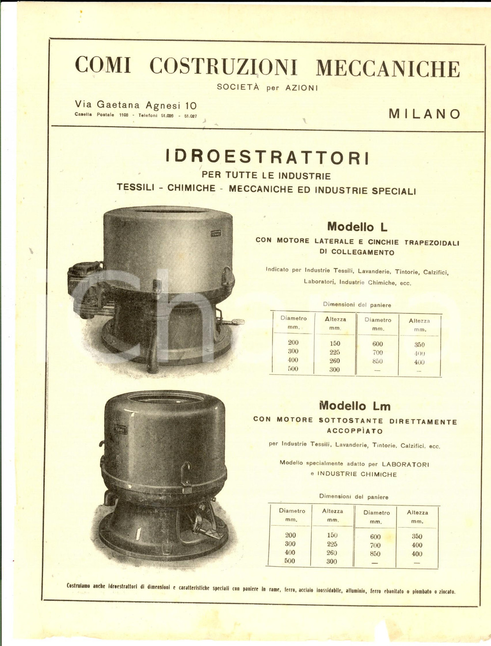 Materiale pubblicitario d’epoca 1930 ca MILANO COMI Costruzioni meccaniche  Idroestrattori velina pubblicitaria 1