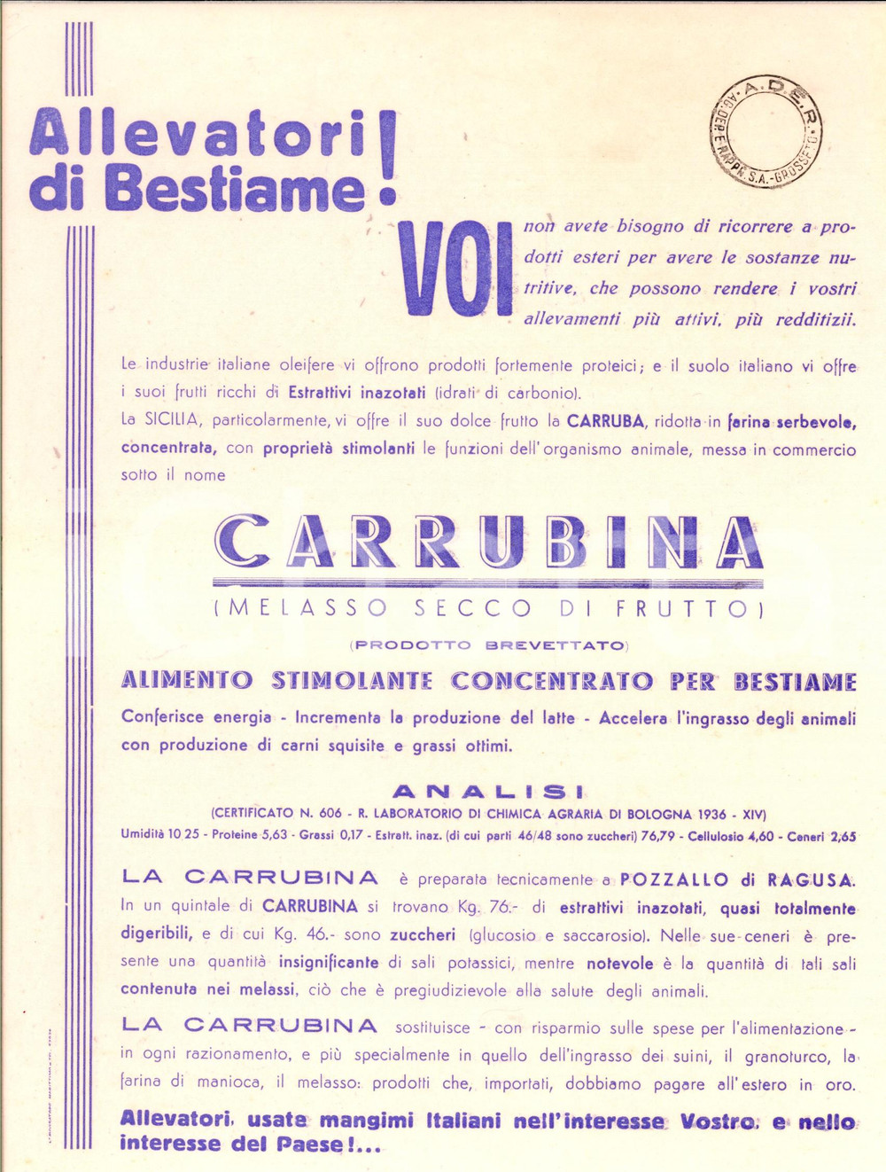 Materiale pubblicitario d’epoca 1936 AUTARCHIA Alimento per bestiame CARRUBINA Volantino pubblicitario 1