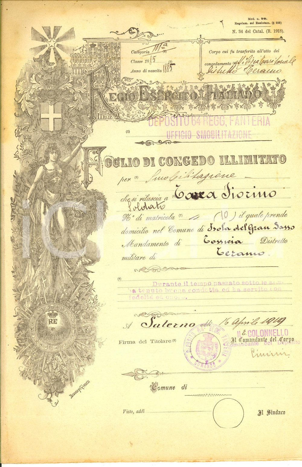 Documento originale, autentico 1919 ISOLA DEL GRAN SASSO D ITALIA Foglio congedo illimitato per Fiorino TARCA 1