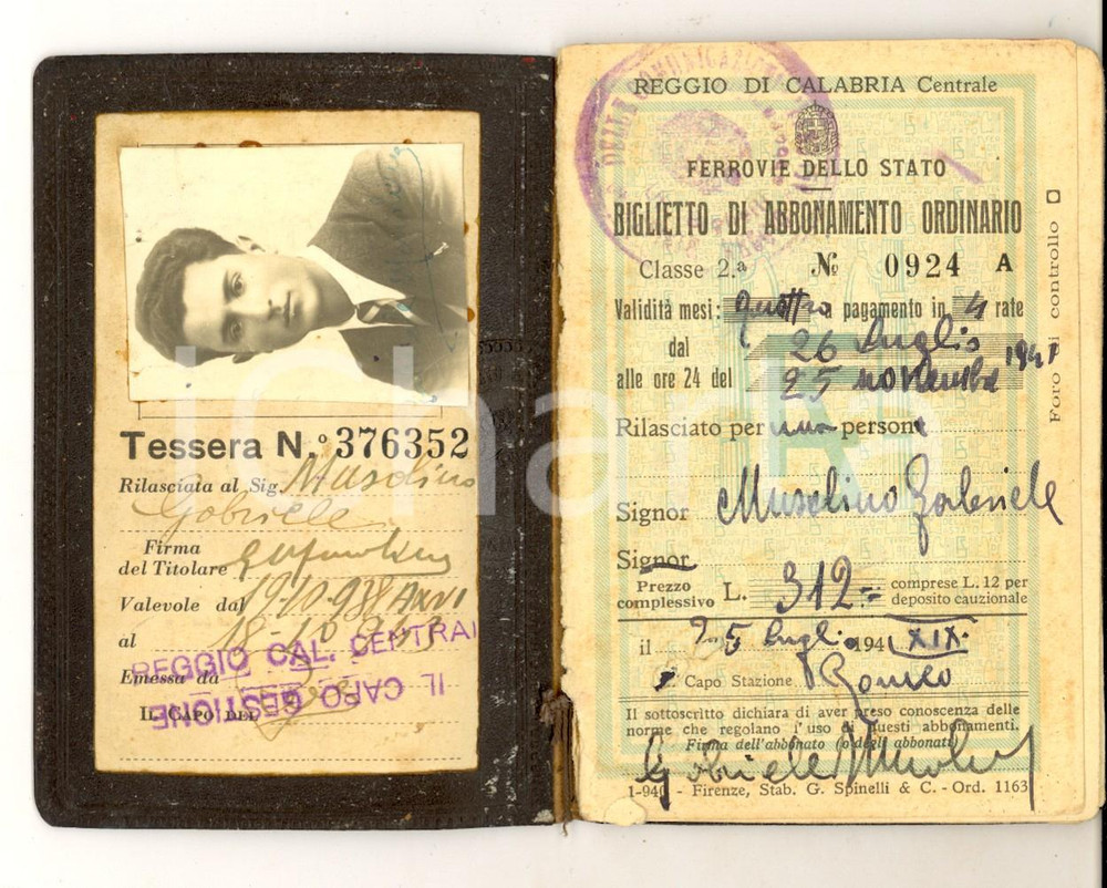 Oggetto da collezione cartaceo 1938 FERROVIE DELLO STATO REGGIO CALABRIA Tessera abbonamento Gabriele MUSOLINO 1
