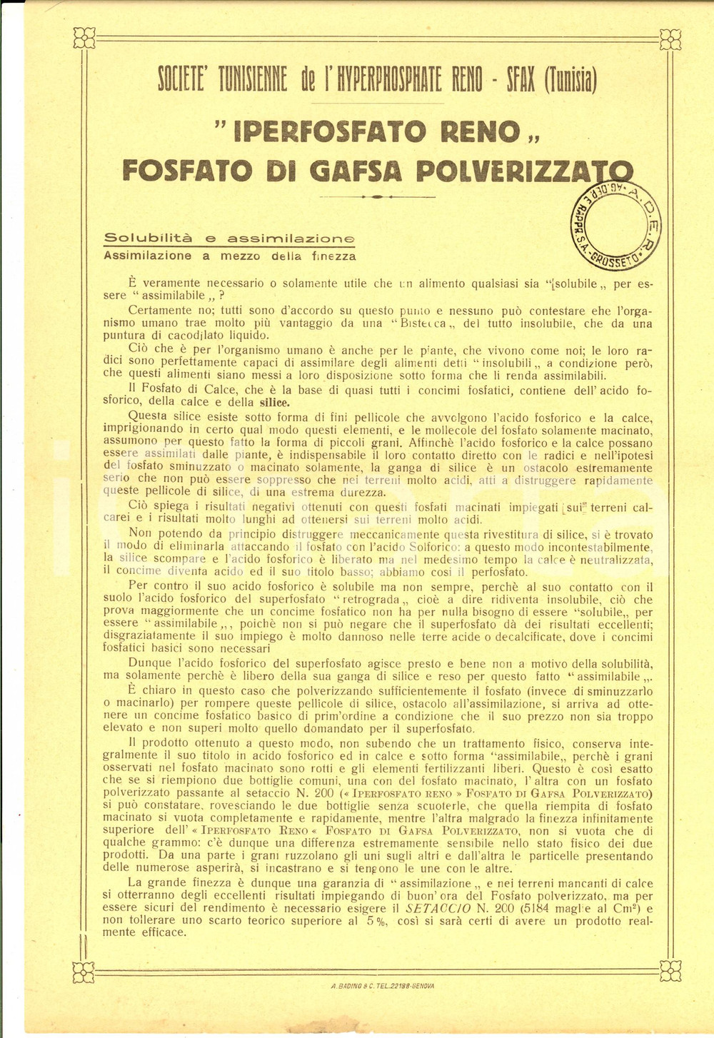 Materiale pubblicitario d’epoca 1935 ca SFAX SociÃ©tÃ© Tunisienne IPERFOSFATO RENO Volantino pubblicitario 1