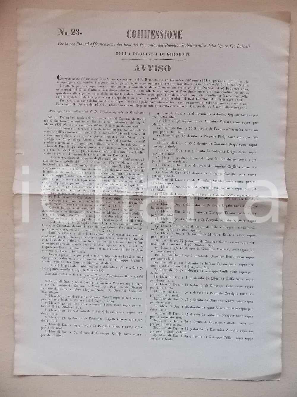 Documento originale, autentico 1855 GIRGENTI Asta beni Girolamo SPINOLA Giovanna CONTI E VALGUARNERA 1